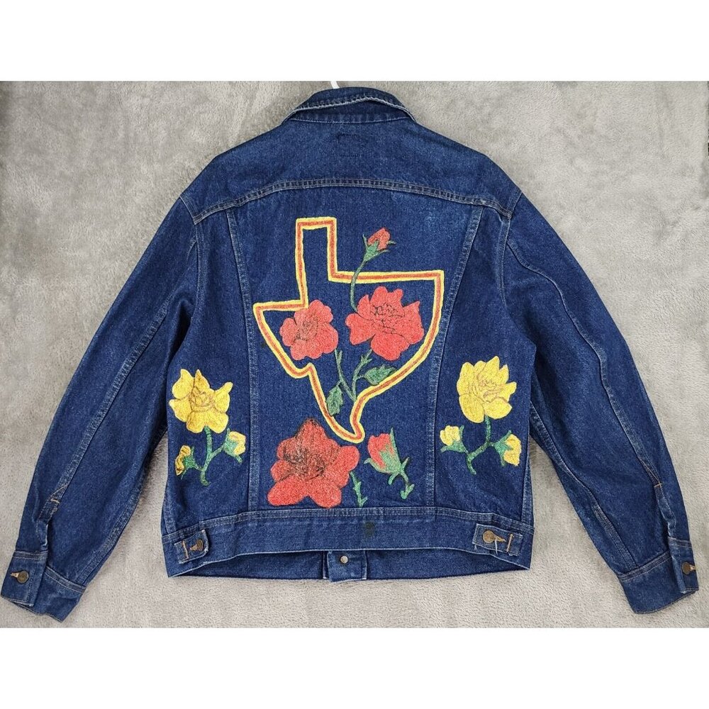 Lee Jean Jacket Womens Extra Large Blue Floral Hand Painted Texas Made In USA